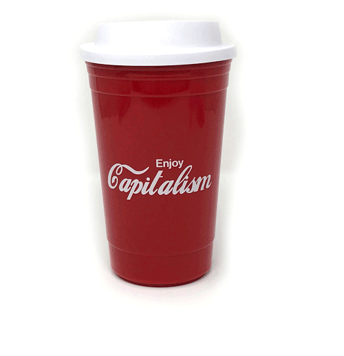 (SEE PRODUCT NOTE!) 15 oz. Travel Mug - Enjoy Capitalism on one side, Ayn Rand's Capitalism quote on the other!